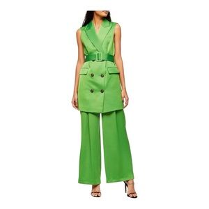 TOPSHOP Green sleeveless Belted Double Breasted Satin Pantsuit Set